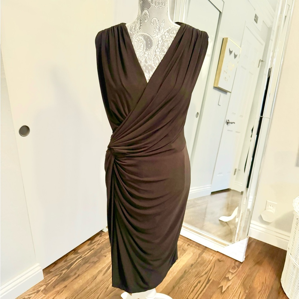 Donna Ricco black cocktail dress tail dress with super flattering look.